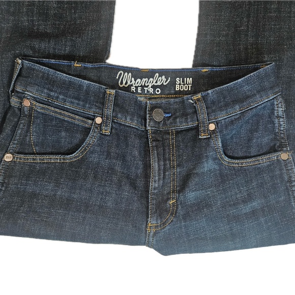Wrangler Retro Jeans Mens 30x32 Slim Bootcut Dark Wash Western Cowboy Style - Picture 6 of 8